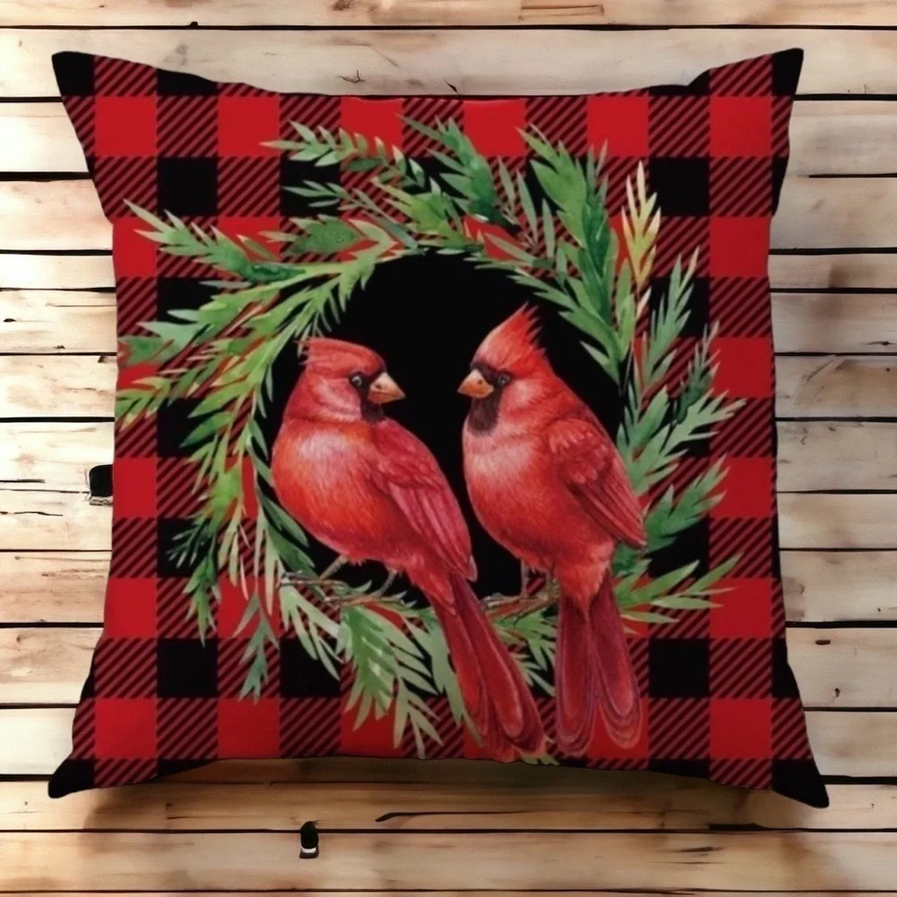 Pillow Cover Bird Cardinal Christmas Holiday Buffalo Check Plaid Square 17.5 in